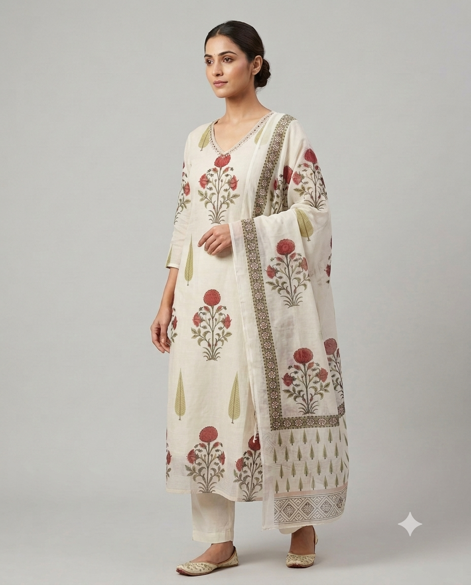 Kota Printed Salwar set - Off white and Green