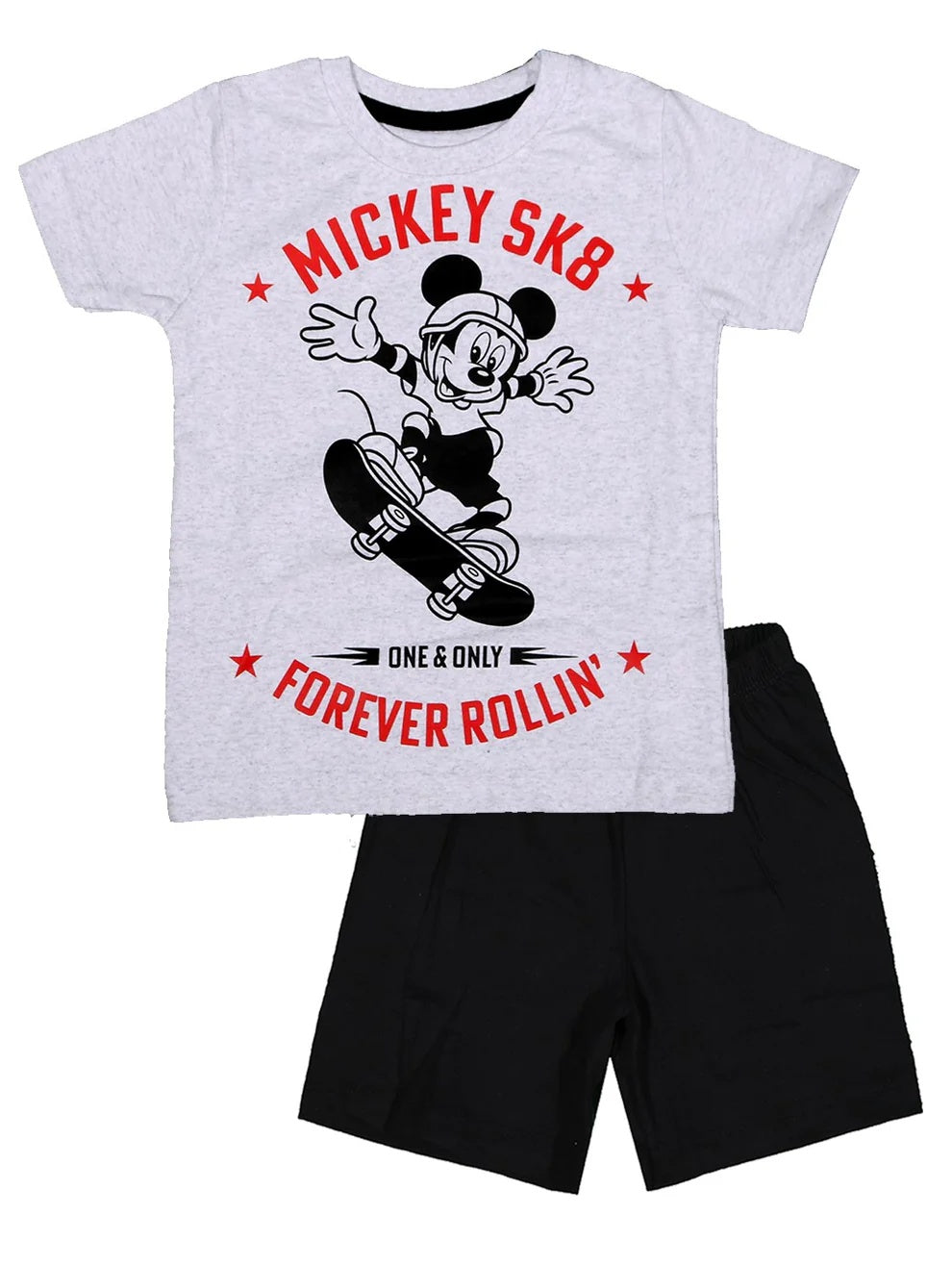 Children's outfit with gray t-shirt and black shorts featuring a Mickey Mouse graphic and text.