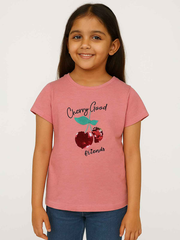 Girls Pink Melange Sequin T Shirt