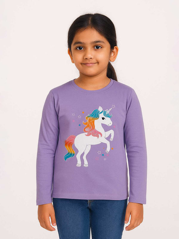 Girls Long Sleeve Unicorn Printed T-Shirts  - Purple