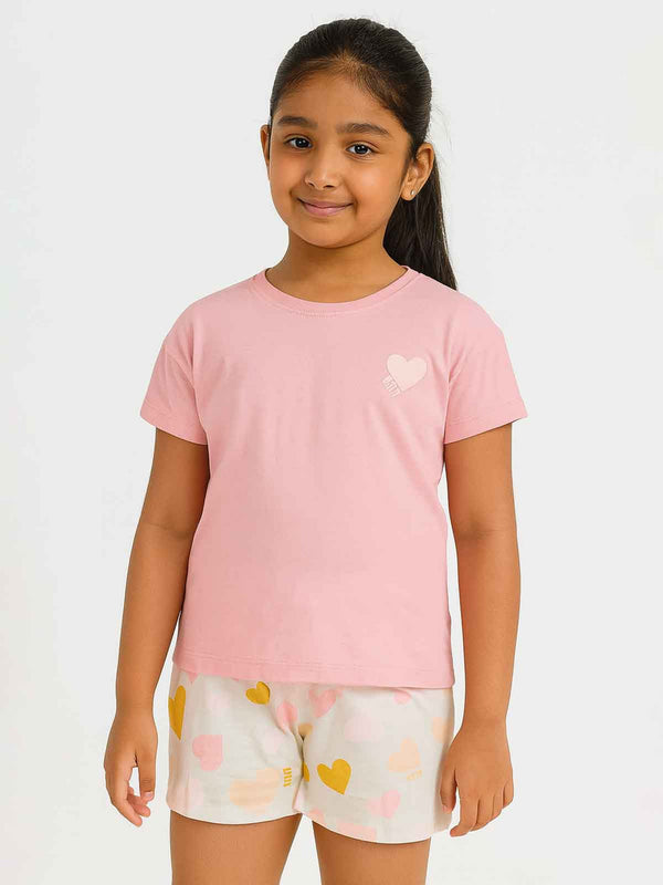 Girls Printed Pink Shorty Set