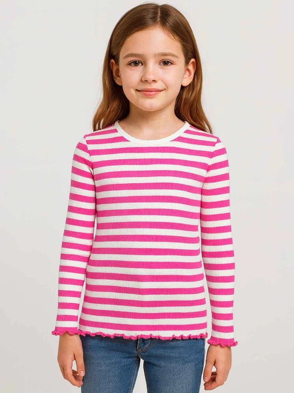 Girls Pink Striped Rib Long Sleeve T- Shirt