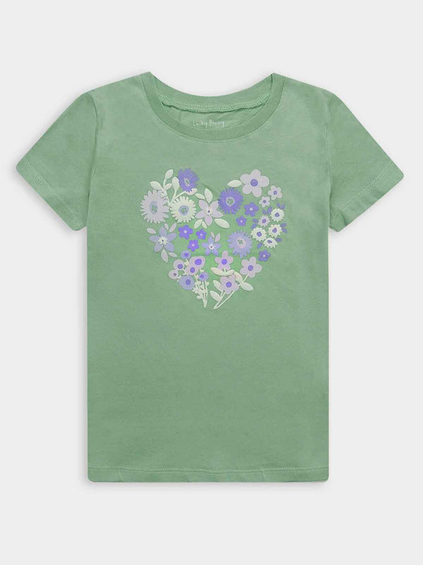 Girls Printed Green T-Shirt