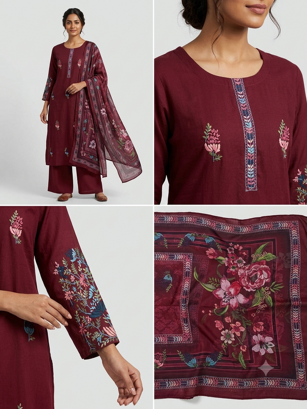 Royal Maroon- Floral Embroidery Kurti Set