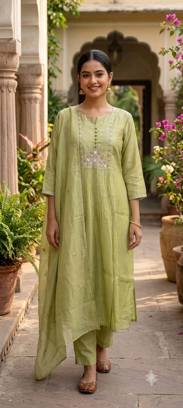 Mul Chanderi Anarkali Kurti set With Frenchknot Embroidery- Pista
