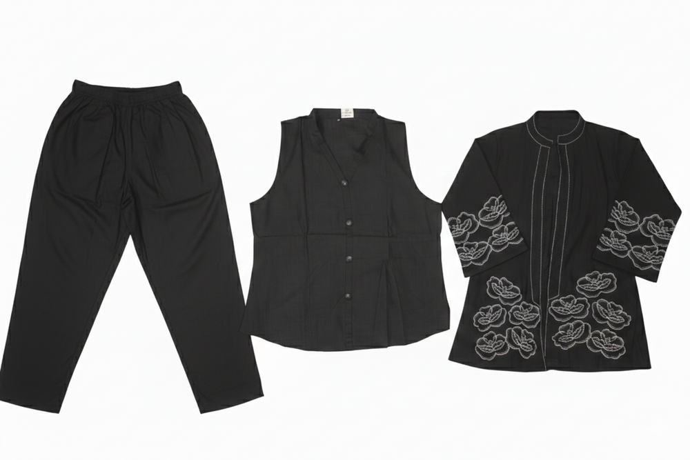 Midnight Bloom Embroidered Three-Piece Co-ord Set