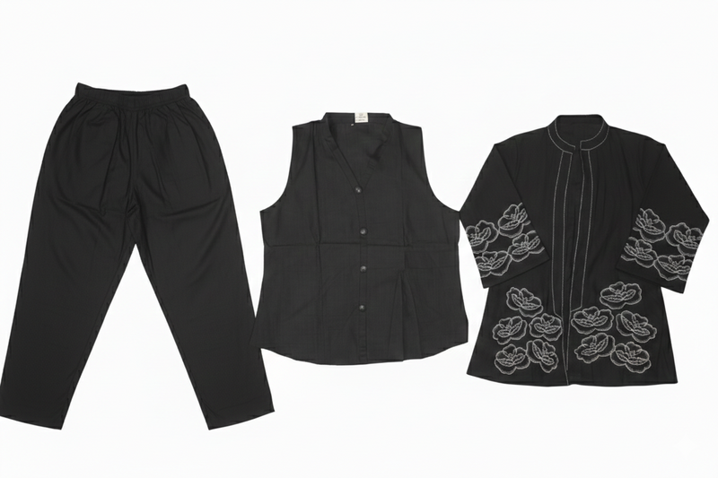 Midnight Bloom Embroidered Three-Piece Co-ord Set