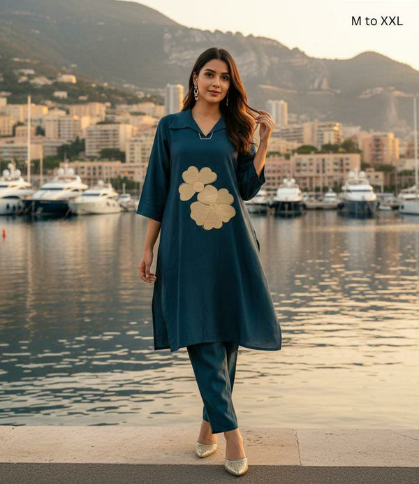 Cotton Embroidered Co-ord Set - Blue