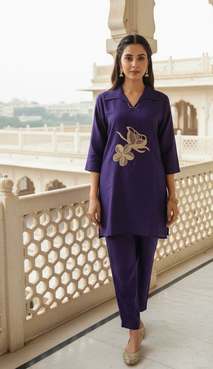 Cotton Embroidered Co-ord Set - Purple