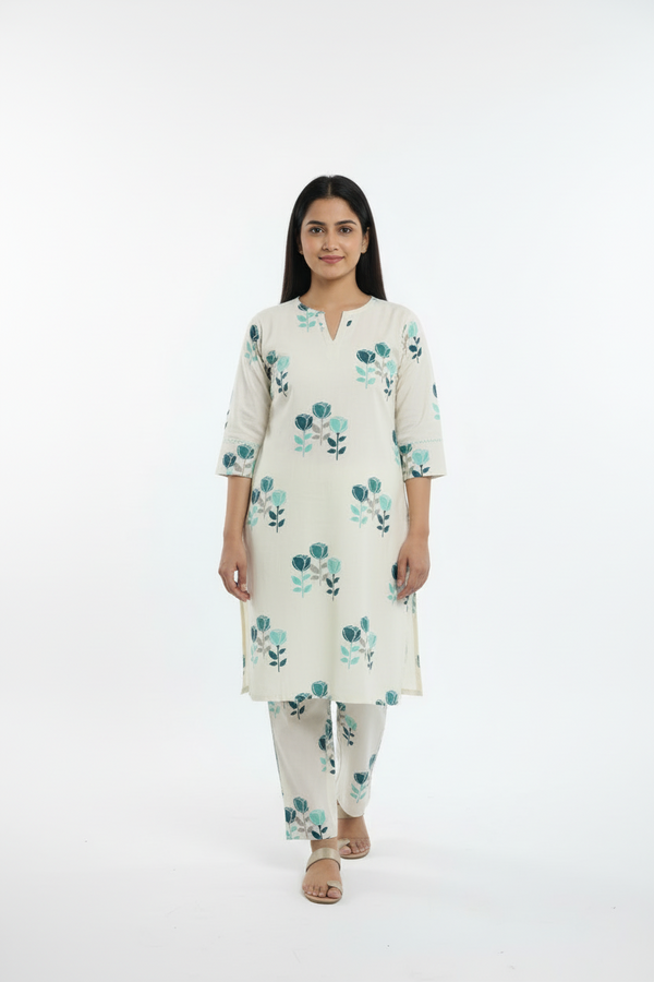 Young girl wearing a floral outfit on a white background