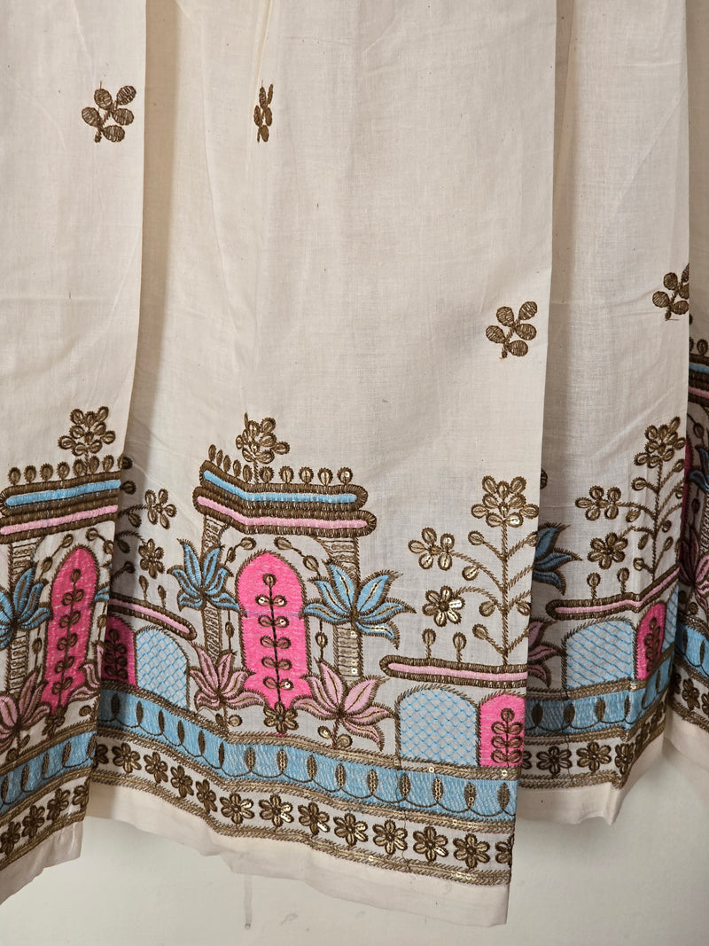 Close-up of embroidered fabric with intricate patterns on a white background