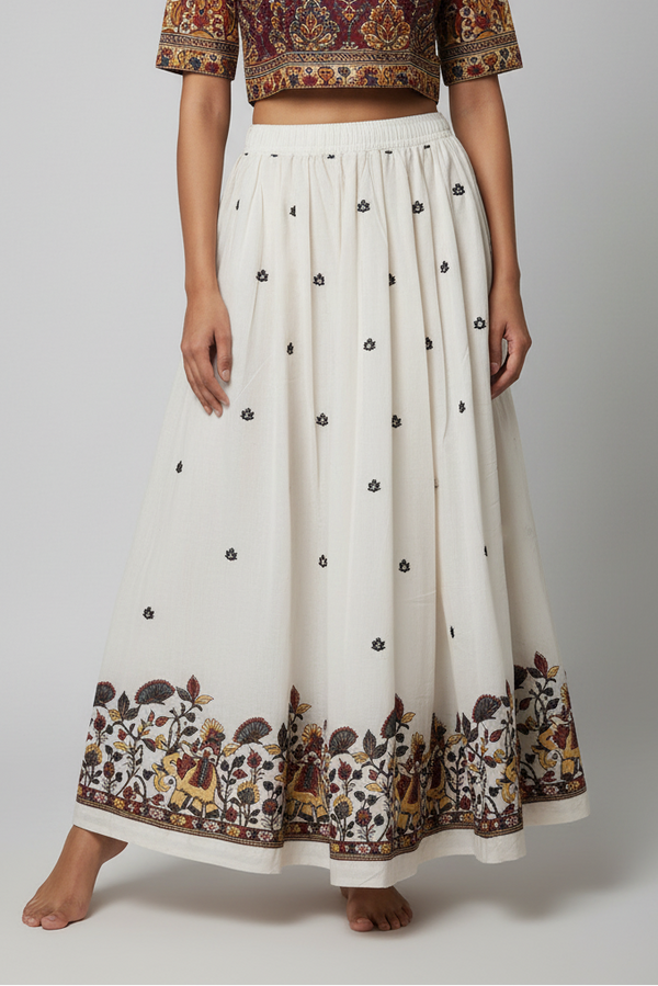 Khadi cotton long skirt with Elephant Embroidery - Free size
