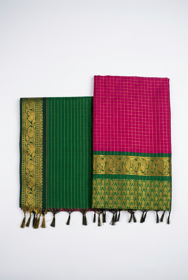 Elegant Checked Kalyani Cotton Saree Pink With Green