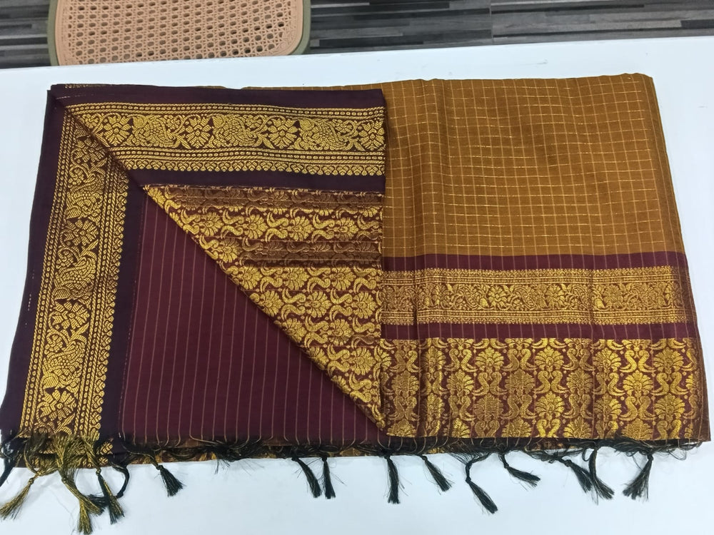 Elegant Checked Kalyani Cotton Saree Mustard With Maroon
