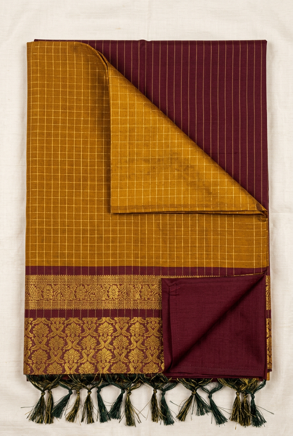 Elegant Checked Kalyani Cotton Saree Mustard With Maroon