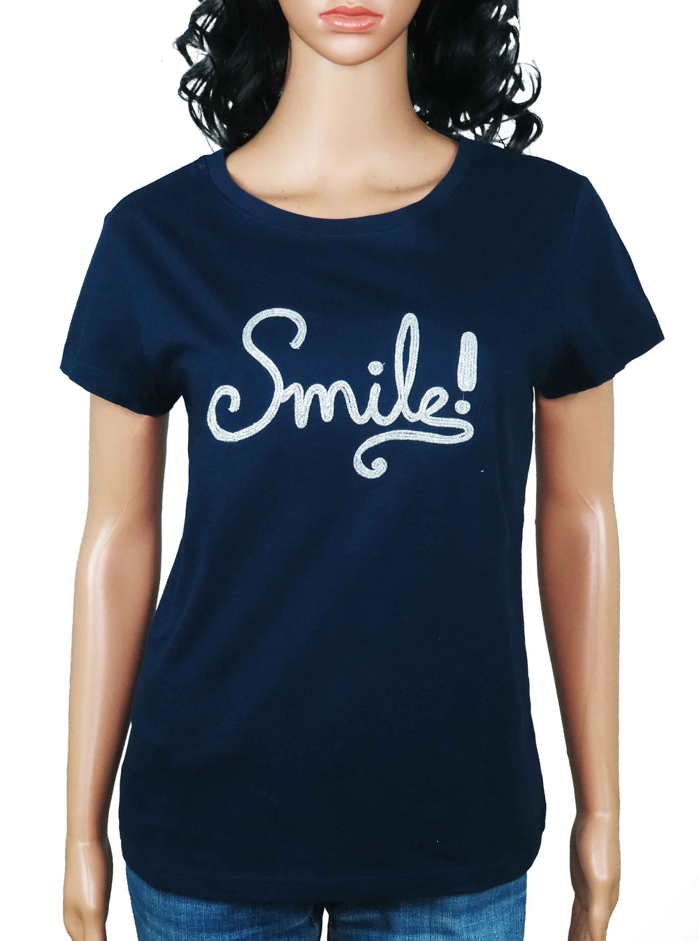 Navy blue t-shirt with 'Smile!' text on a mannequin against a white background