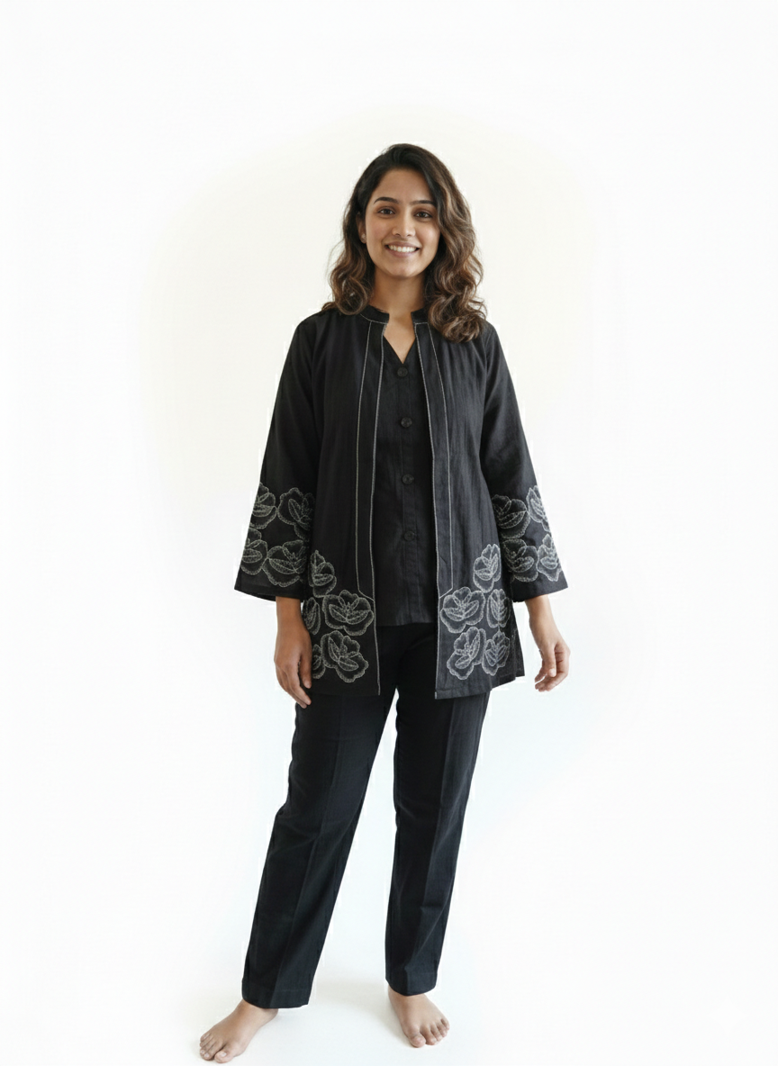 Midnight Bloom Embroidered Three-Piece Co-ord Set
