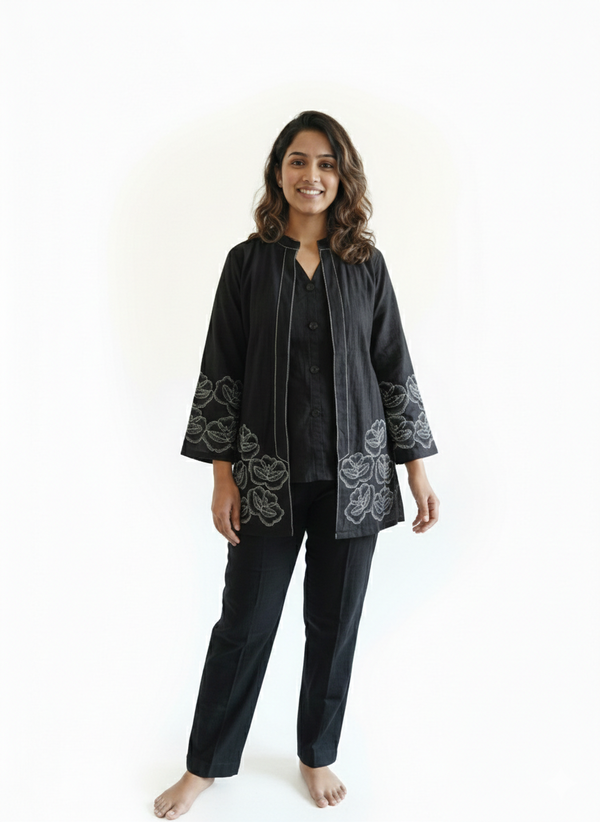 Midnight Bloom Embroidered Three-Piece Co-ord Set