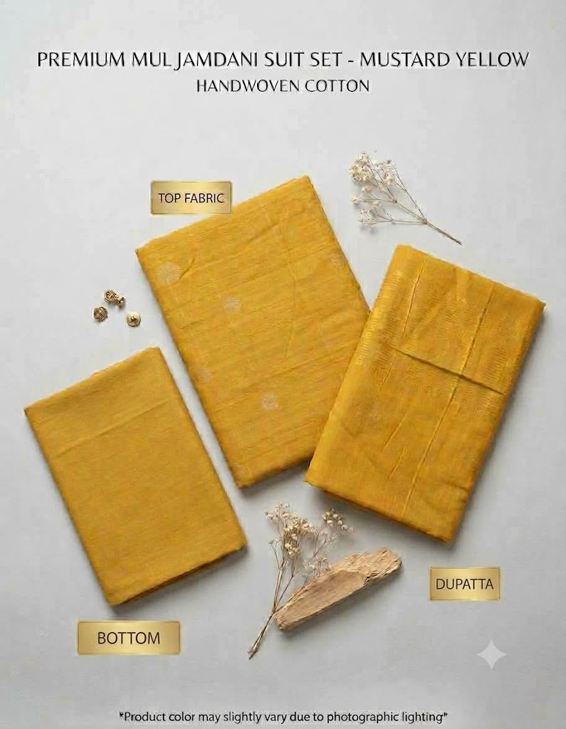 Elegant yellow Mul Jamdhani Suit Set - Unstitched