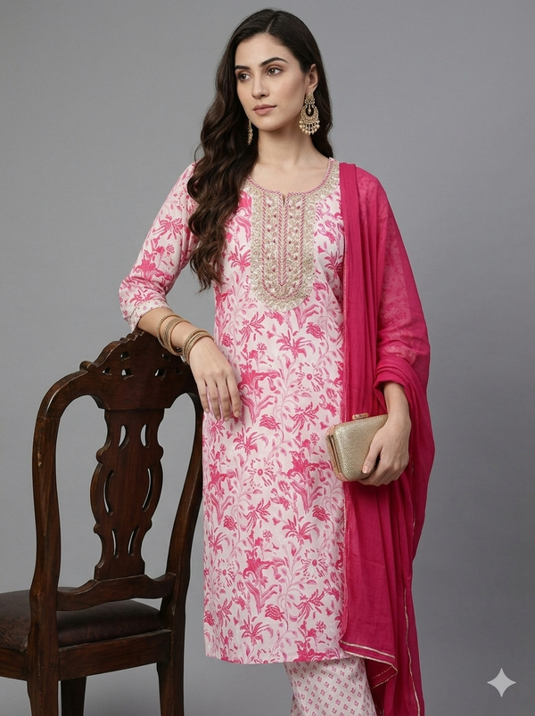 Woman wearing a pink and white embroidered outfit with a pink dupatta on a gray background
