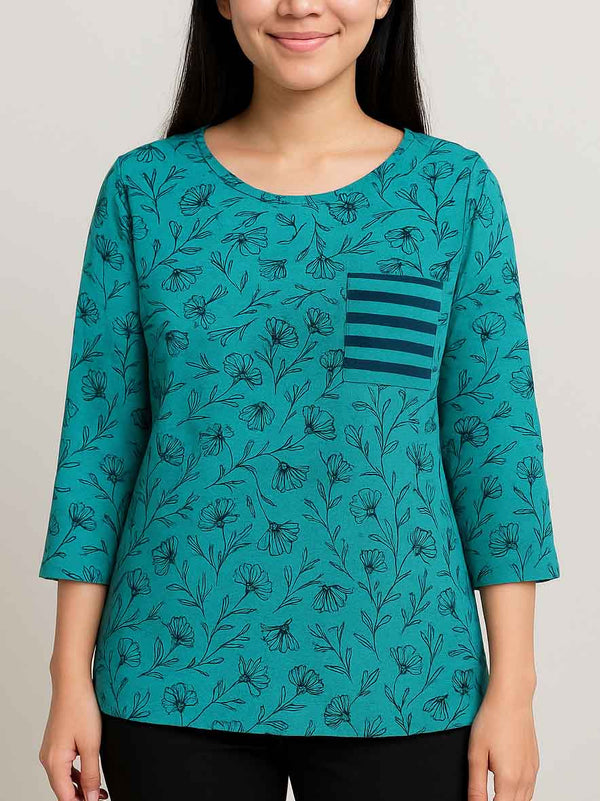 Ladies 3/4th Sleeve Green Printed Top