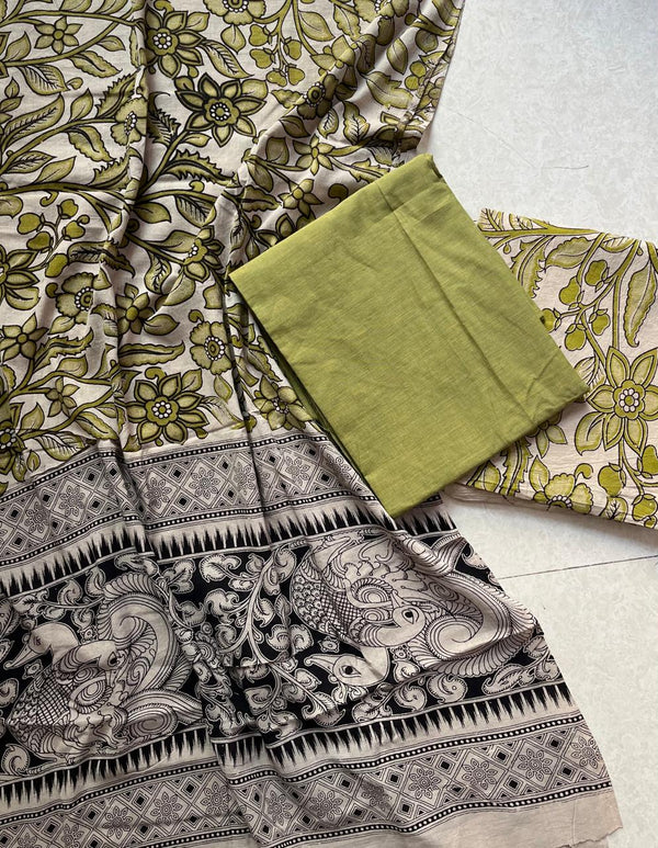 MANGALGIRI TOP COTTON KALAMKARI BOTTOM DUPATTA/-Green salwar material