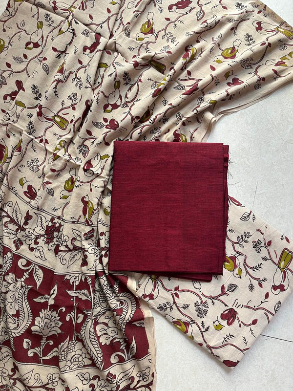 MANGALGIRI TOP COTTON KALAMKARI BOTTOM DUPATTA/-Maroon salwar material