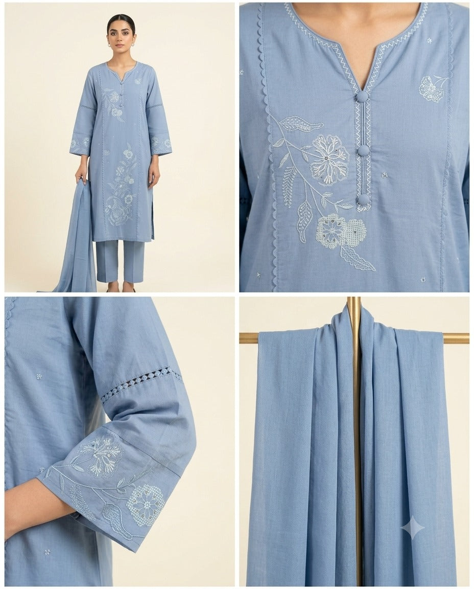 Elegant ice Blue With Embroidery design Kurti Set