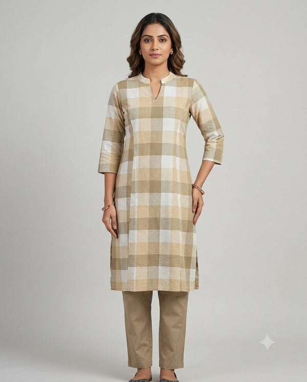 Evergreen Madras checks Kurti - Beige