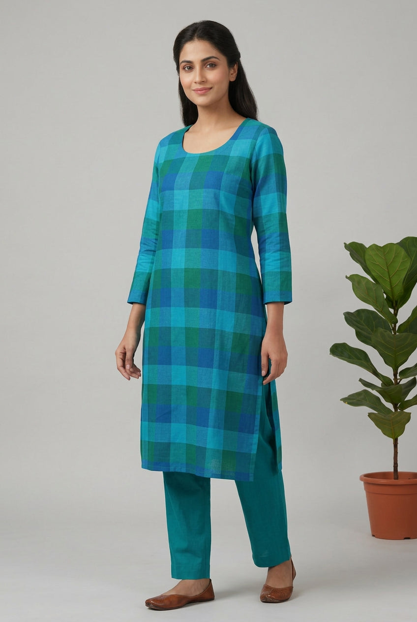 Evergreen Madras checks Kurti - Blue
