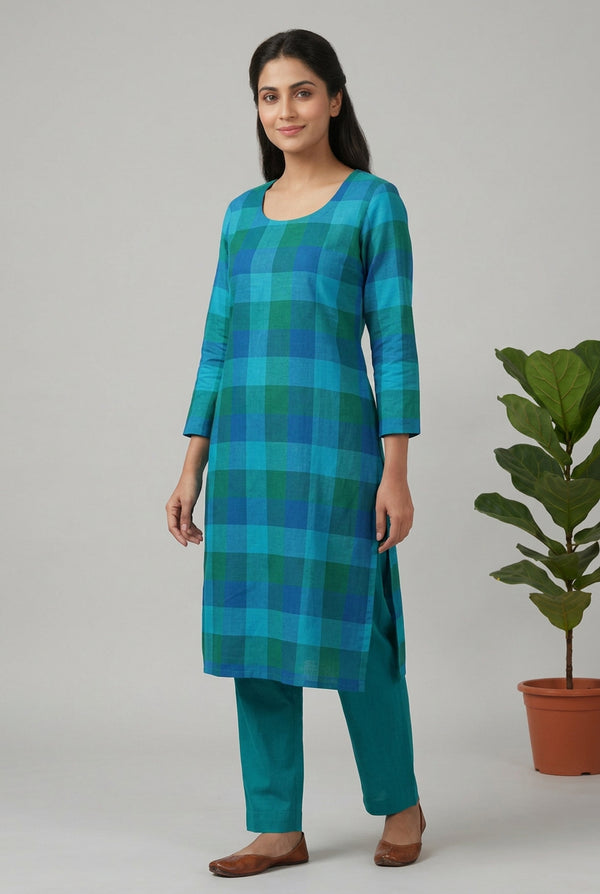 Evergreen Madras checks Kurti - Blue