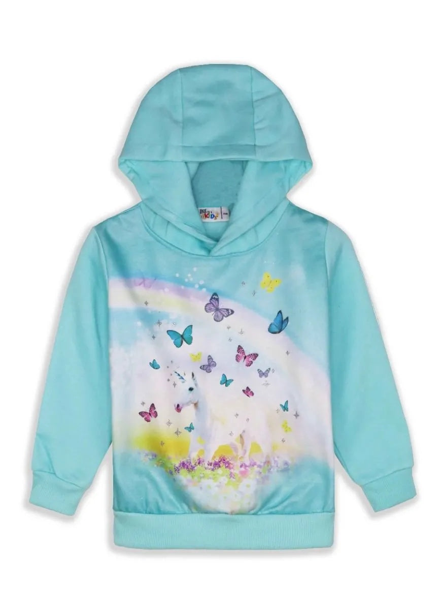 Turquoise hoodie with butterfly and rainbow design on a white background