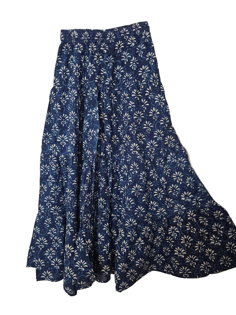 Blue floral patterned skirt on a beige background