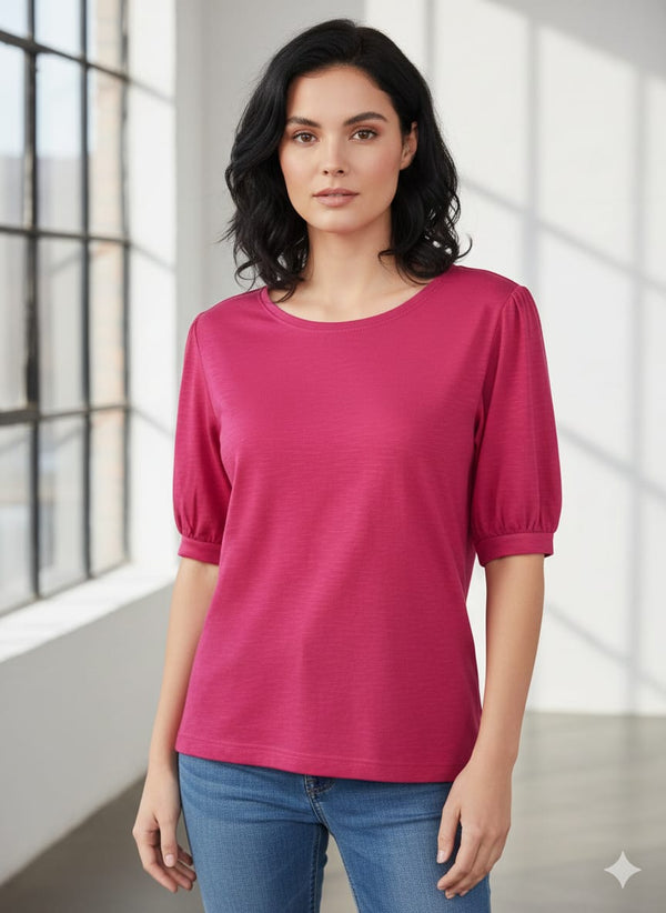 Women's Berry Pink Puff Sleeve Knit Top