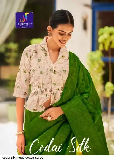 Linen Sarees Codai Cilk - Linen Sarees with Designer Blouse(unstitched) - Dark Green