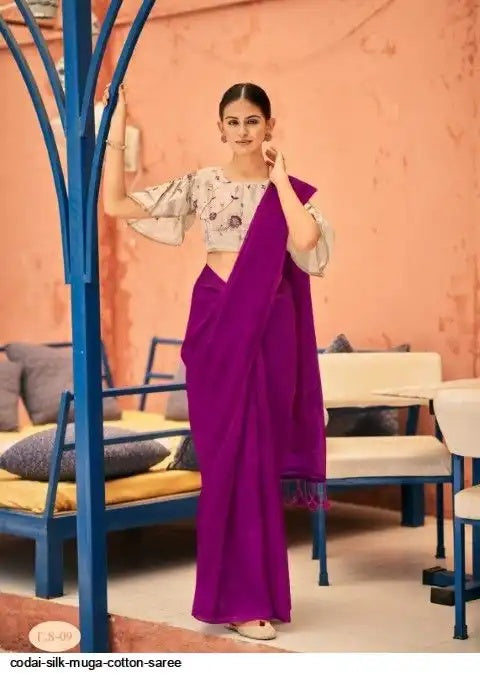 Linen Sarees Codai Cilk - Linen Sarees with Designer Blouse (unstitched)- Dark Pink