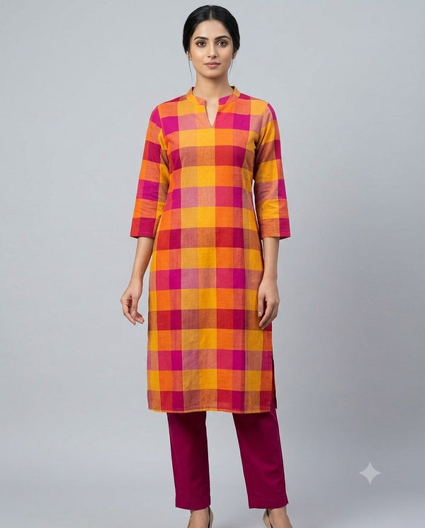 Evergreen Madras checks Kurti - Orange and Yellow