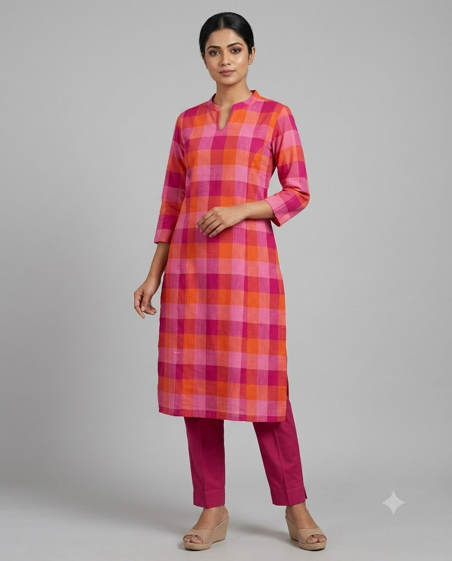 Evergreen Madras checks Kurti - Pink