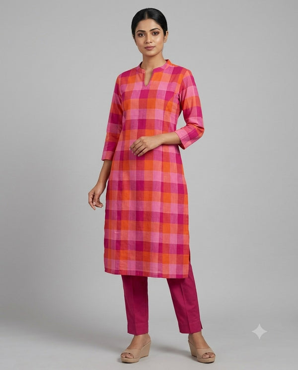 Evergreen Madras checks Kurti - Pink
