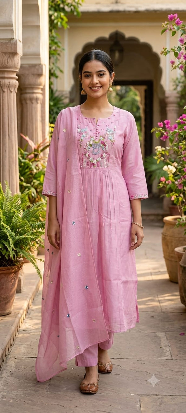 Mul Chanderi Anarkali Kurti set With Frenchknot Embroidery- Pink