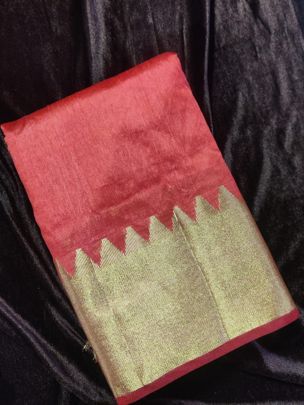 Raw Silk Red Body with Golden Temple Border