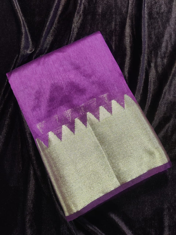 Raw Silk Purple pink Body with Golden Temple Border