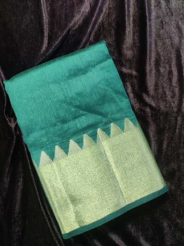 Raw Silk with Green Golden Temple Border