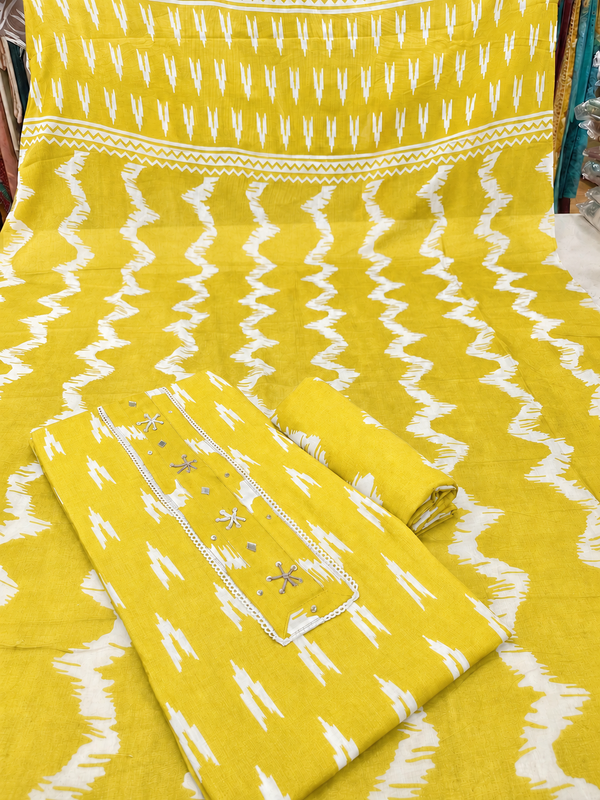 Lemon yellow Pure Cotton Ikat Salwar 3 Piece Set Fabric - Unstiched