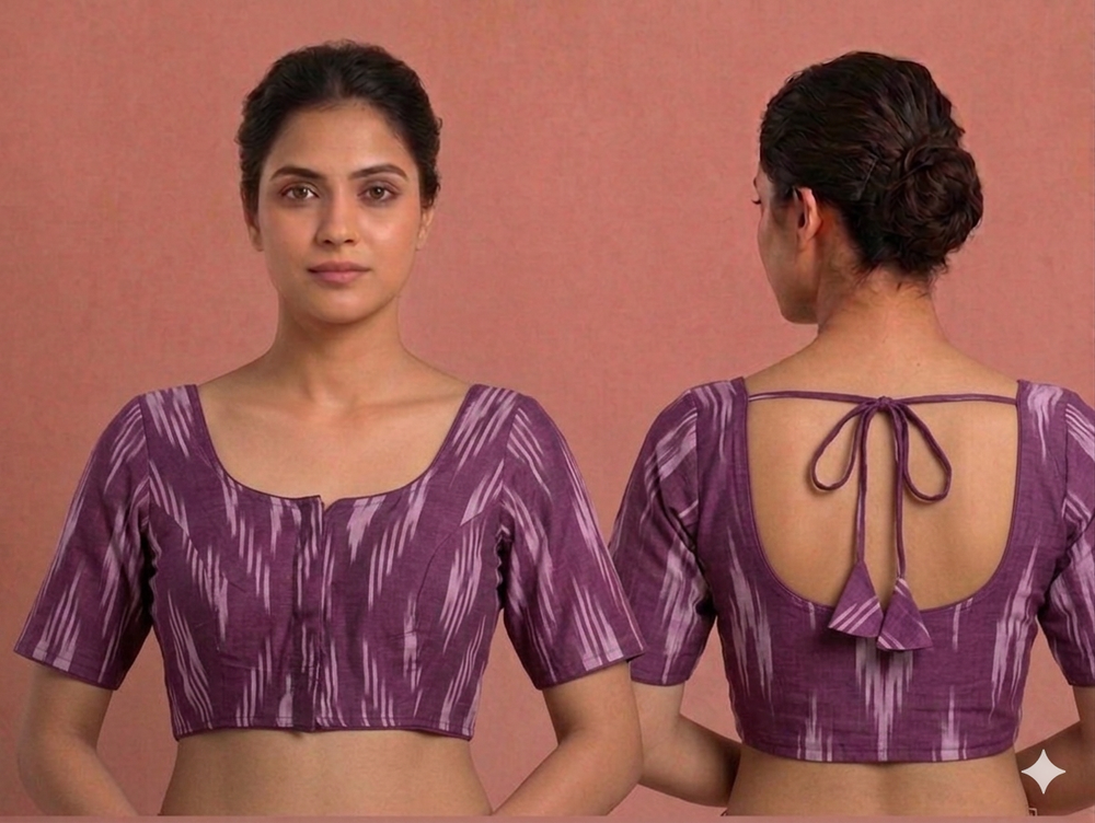 Purple patterned blouse with open back worn by a model on a pink background