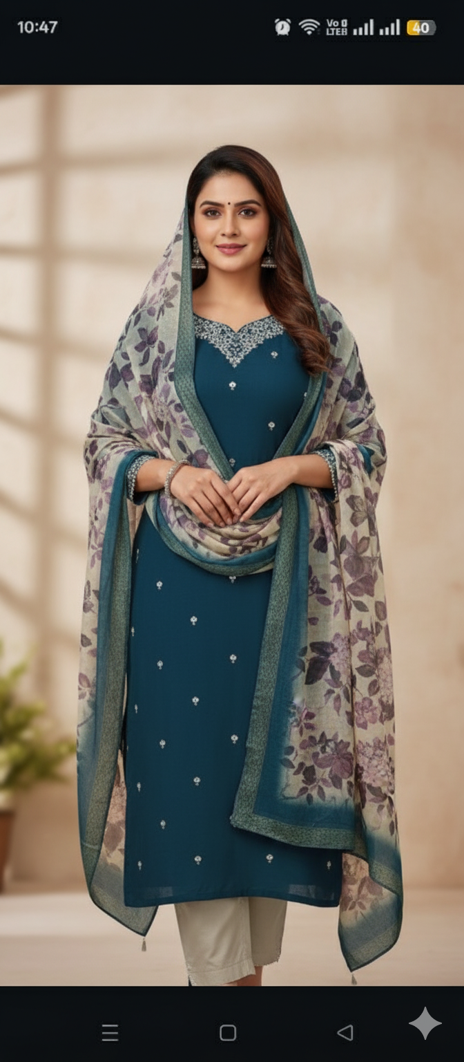 Woman wearing a blue traditional outfit with a floral shawl indoors.