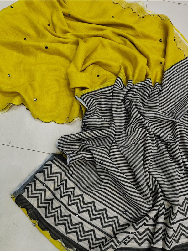 Yellow and black linen Saree