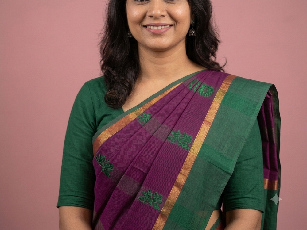Handloom Cotton Saree with Zari Border – Green & Purple - Without Running blouse