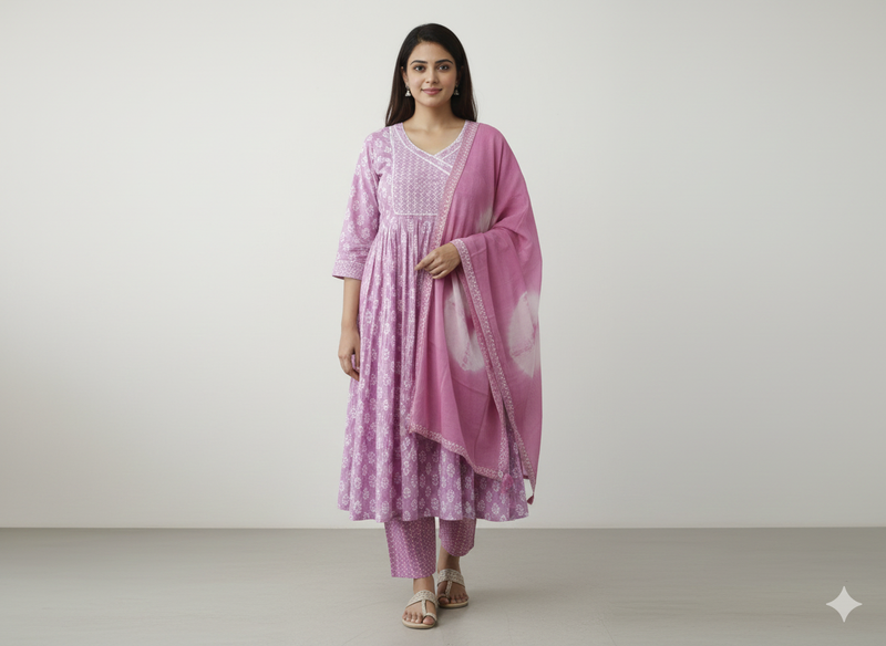 Anarkali Cotton 3-Piece Set - Lavender with Chiffon Dupatta