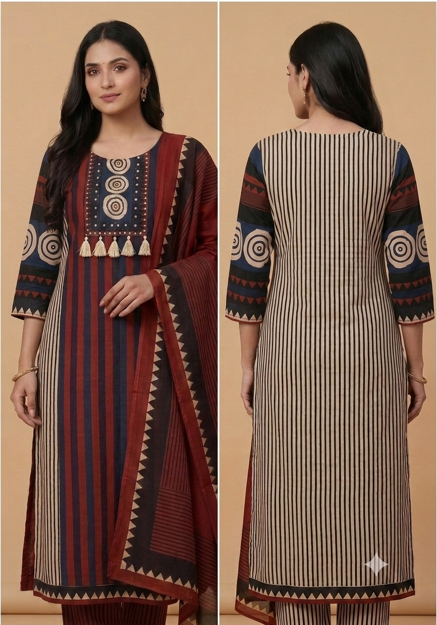Jaipuri Cotton embroidered Kurti set Maroon and black